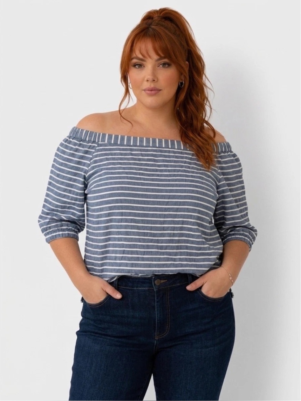 Lauren Ralph Lauren Blue Striped Off-the-Shoulder Linen Cotton Blend Top Luxe 2X